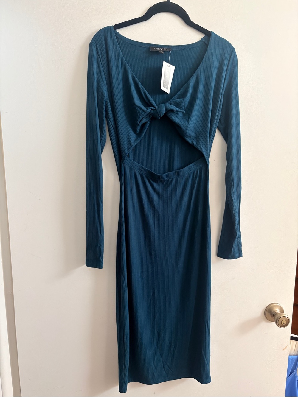 Intermix NWT sz Sm Emerald Teal Long-Sleeve Knot Front Cutout Midi Dress $185